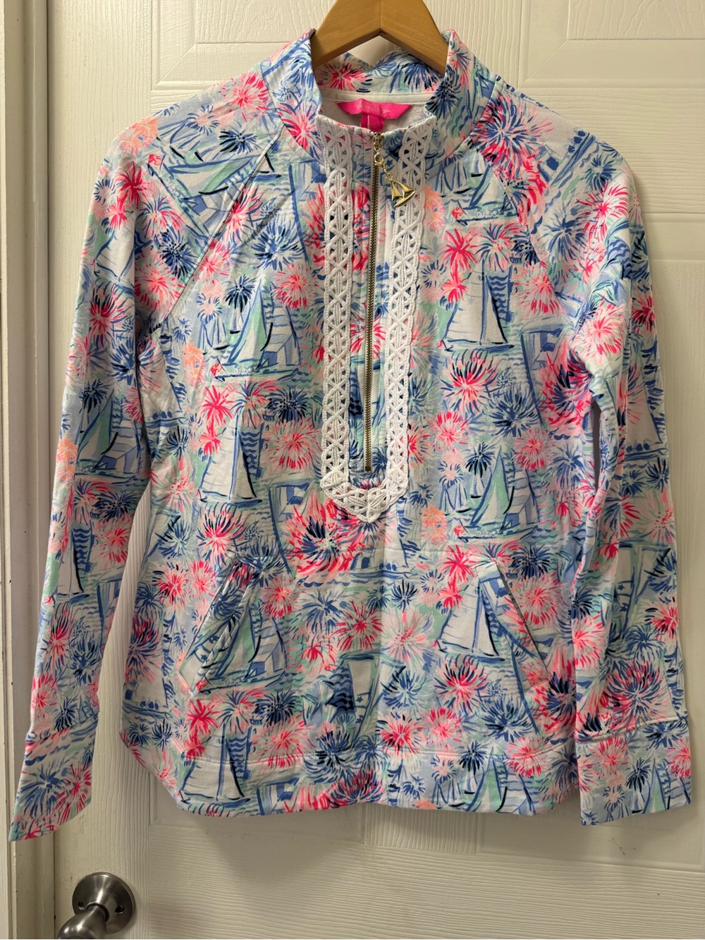 Lilly Pulitzer Floral Sailboat Zip Pullover in Blue, Pink & White